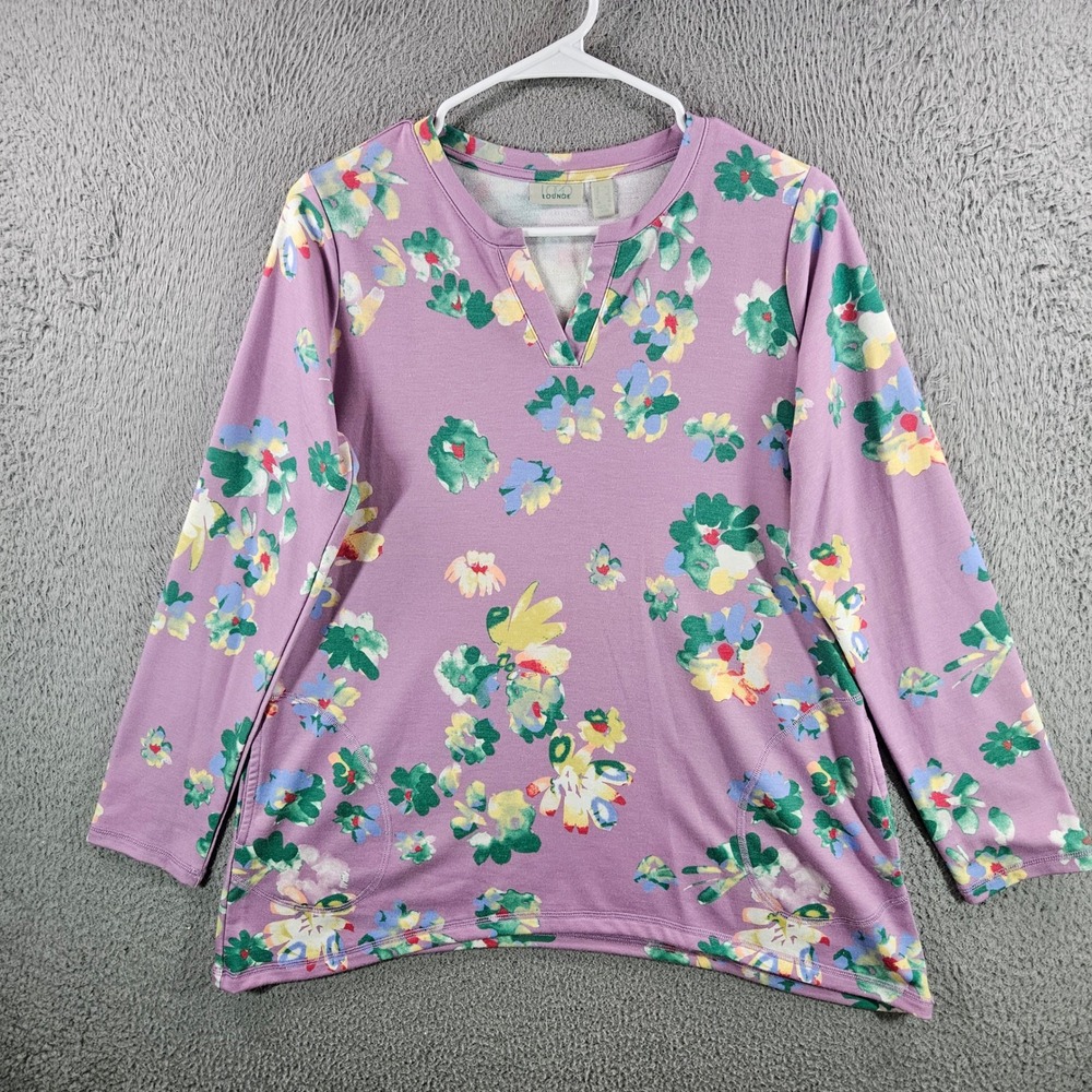 LOGO‎ Lounge Lori Goldstein Floral French Terry Tunic Top Purple XS
